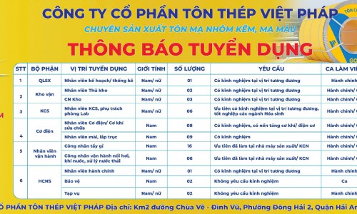 TÔN VIỆT PHÁP TUYỂN DỤNG NHIỀU VỊ TRÍ HẤP DẪN